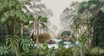 Jungle landscape with trees and plants. Vector interior print