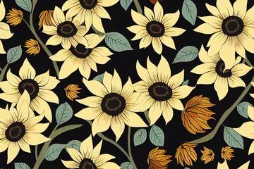 Meubelstickers Printed sunflowers in the fall colors, set on a dark backdrop. Flower ditsy, maple leaf twirl, sunflower sway. Generative AI © MUNUGet Ewa