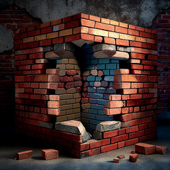 Dismantling of brick wall. Brick wall with hole. Damaged building.