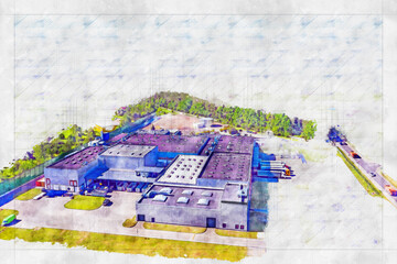 Large distribution warehouse with gates for loading goods. Sketch, project. Distribution center. Logistic and transport concept