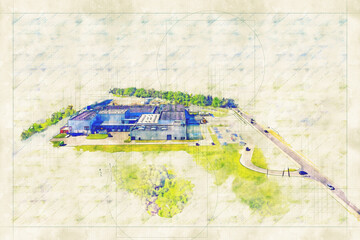 Sketch, project Large distribution warehouse with gates for loading goods. Sketch, project. Distribution center. Logistic and transport concept