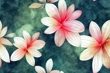 Exotic jungle blossoms were hand-drawn in watercolor and arranged in a beautiful seamless horizontal tropical floral design. Typical stock art. Generative AI