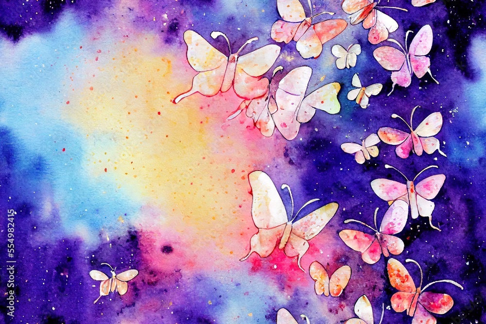 Wall mural striking galaxy backdrop with watercolor butterflies. pattern of seamless butterfly forms created by