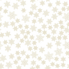Seamless pattern of contour gold snowflakes on a white background. Chaotic falling snowflakes. Light simple winter pattern. Vector illustration