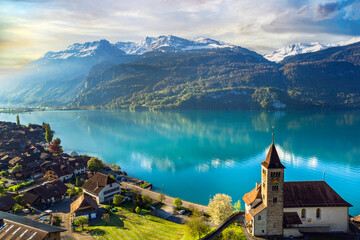 beautiful idyllic nature scenery of lake Brienz with turquoise waters. Switzerland, Bern canton....