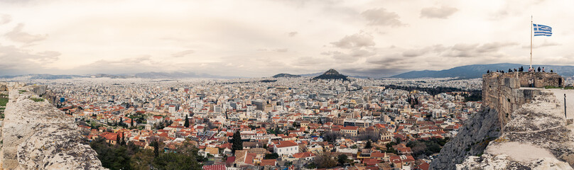 Panorama taken on top of the Parthenon of the city Athens in Greece