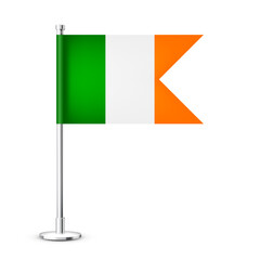 Realistic Irish table flag on a chrome steel pole. Souvenir from Ireland. Desk flag made of paper or fabric and shiny metal stand. Mockup for promotion and advertising. Vector illustration