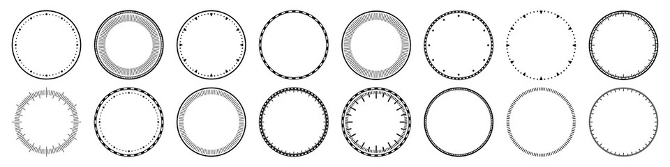 Mechanical clock faces, bezel. Watch dial with minute and hour marks. Timer or stopwatch element. Blank measuring circle scale with divisions. Vector illustration.