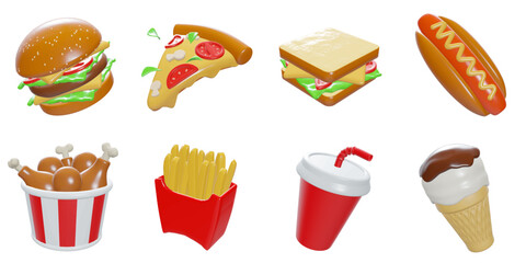 3d rendering. fast food icon set on a white background
