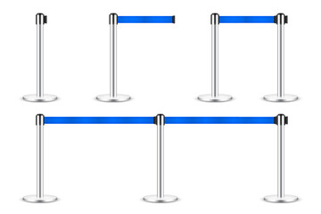 Realistic blue retractable belt stanchion. Crowd control barrier posts with caution strap. Queue lines. Restriction border and danger tape. Attention, warning sign. Vector illustration