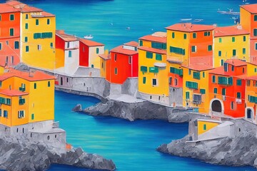 The Italian town of Cinque Terre is the subject of a vibrant and seamless contemporary abstract oil painting. a curated designer selection. Indoor adornment. Paintings on canvas Generative AI