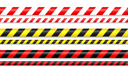 Realistic barricade construction tape. Yellow and red police warning line, danger or hazard stripe, ribbon. Under construction sign. Restricted area, zone. Attention symbol. Vector illustration