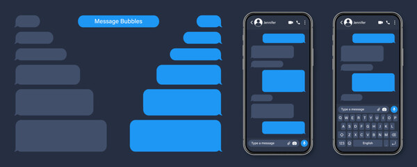 Realistic smartphone with messaging app. Blank SMS text frame. Conversation chat screen with blue message bubbles. Social media application. Vector illustration.