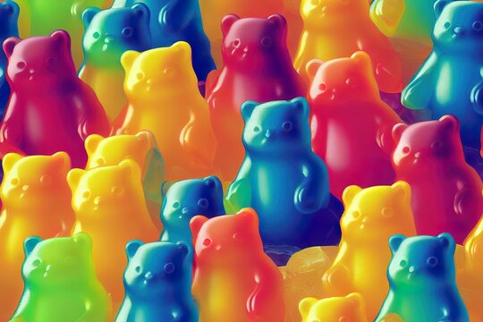 Gummy sweets and jelly bears in a rainbow of colors. Continuity from one element to another. Fabric, wallpaper, and wallpaper print textures Generative AI