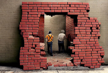 Builders work in brick building. Work of bricklayers.