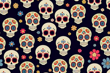 Cute sugar skulls on a paisley backdrop, perfect for the Day of the Dead Generative AI