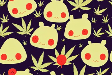 Seamless pattern of a cheerful kawaii cannabis leaf, bong, and acid trip. Generative AI