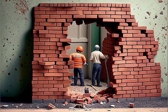 Builders work in brick building. Work of bricklayers.