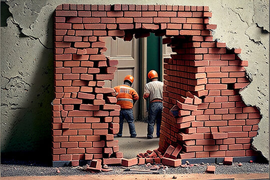 Builders work in brick building. Work of bricklayers.