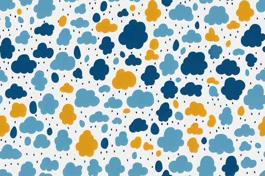 Adorable cartoon sheep - wallpaper design. Toy story figures on a blue backdrop with white clouds and a painted flock of sheep. Generative AI