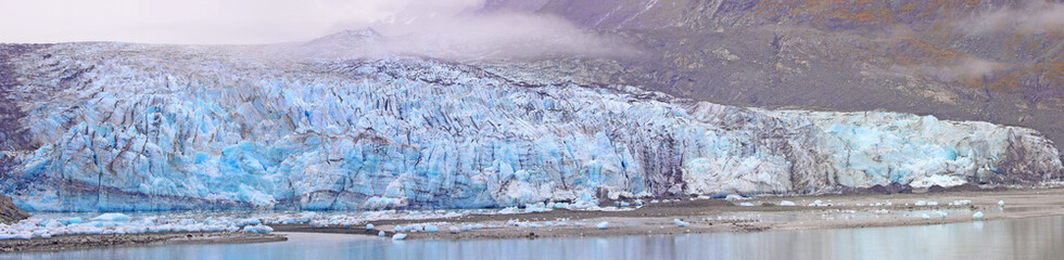 Lamplugh Glacier, Alaska. An eight mile long glacier located in Glacier Bay National Park and Preserve in the U.S. state of Alaska. Panorama landscape.