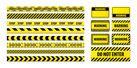 Various barricade construction tapes and warning shields. Yellow police warning line, brightly colored danger or hazard stripe, ribbon. Restricted area, zone. Attention symbol. Vector illustration