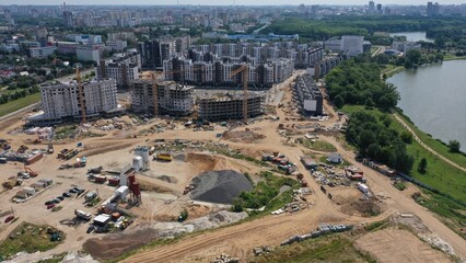Minsk, Belarus - 01.08.2022: Panoramic view of a huge construction site in the center of Minsk....