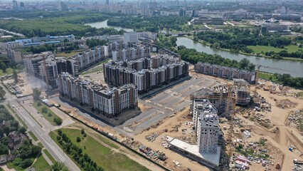 Minsk, Belarus - 01.08.2022: Residential complex "Levada" in the center of Minsk on Novovilenskaya street. New buildings in Minsk. Aerial photography of Minsk, the capital of Belarus.
