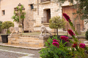 The staircase of the winery is decorated with lion figures, an ancient stone building with a wooden door, beautiful street lanterns in a Spanish city