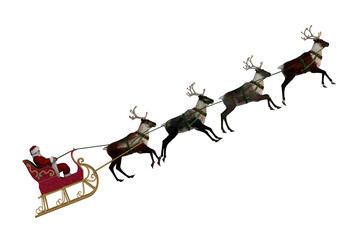 Santa Claus in a sleigh pulled by reindeer flying up to deliver presents to kids on Christmas Eve. Isolated 3D illustration. © IG Digital Arts
