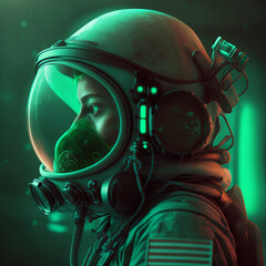 A Lady Scientist in full protective suit and gasmask with dramatic green lighting as background in scientist lab, A woman wearing a radiation mask in a green light, AI generated art
