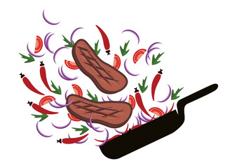 Grilled steak with fresh onion, tomato, arugula and red pepper on frying pan.