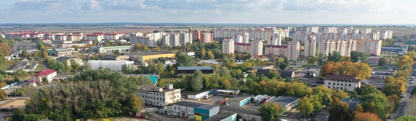 Fototapeta na wymiar Molodechno, Belarus - 05.11.2022: View from a height of the new quarters of the city of Molodechno. Molodechno from above. Microdistrict No. 11 