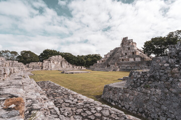 The ruins of a beautiful pyramid in the archaeological zone of Edzna in Mexico.