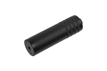 Black silencer for weapons. Suppressor that is at the end of an assault rifle. Isolate on a white...
