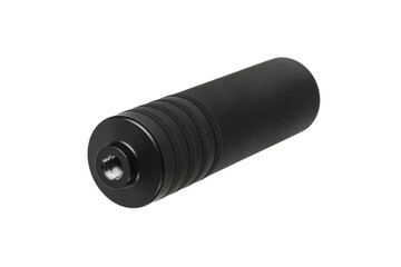 Black silencer for weapons. Suppressor that is at the end of an assault rifle. Isolate on a white...
