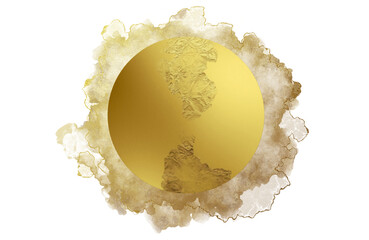 Golden abstract circle element, paint brush particle with smoke texture around, isolated graphic design element made with brushstroke, hand drawn art for backgrounds, frame, watercolor paint, sun
