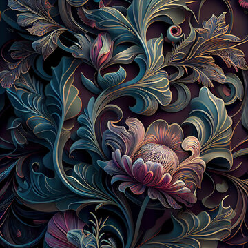 Detailed image of colourful flowers on the dark background design pattern