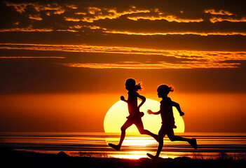 Fototapeta na wymiar Silhouette of people running against backdrop of sunset
