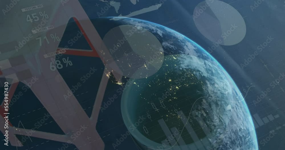 Poster animation of statistical data processing over globe against close up of stool and bucket