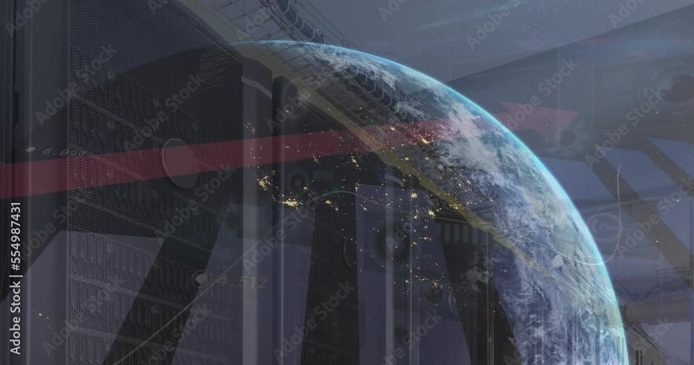 Poster animation of statistical data processing over globe against computer server room