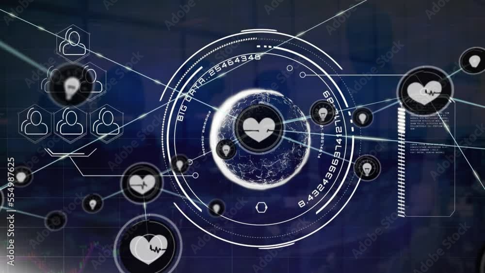 Poster animation of network of digital icons over interface with data processing against blue background