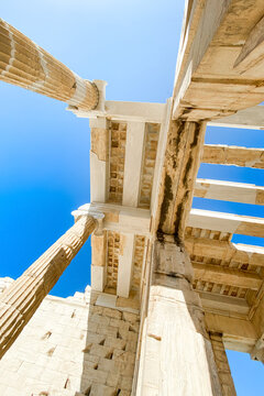 Detailed view of the сolonnade of The Acropolis of Athens, Greece