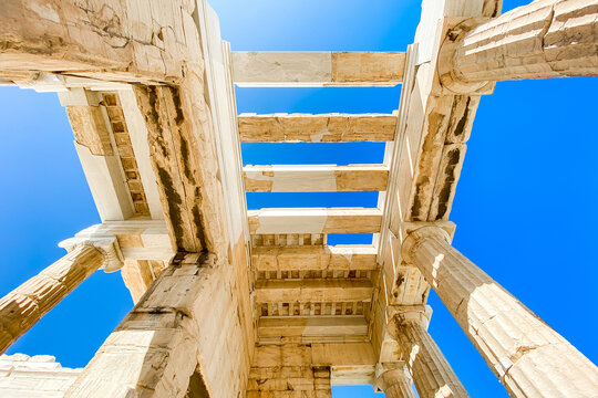 Detailed view of the сolonnade of The Acropolis of Athens, Greece