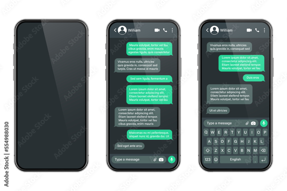 Wall mural realistic smartphone with messaging app. sms text frame. conversation chat screen with green message