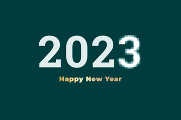 2023 Happy New Year Pixel Style Inverted Concept with Numerals Logo and Lettering Where Number Three Appears Pixelized - Gold and White on Turquoise Background - Mixed Graphic Design