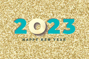 2023 Mosaic Style Concept with Cut and Fading Numerals Logo and Vision Lettering - Golden Halftone Effect and Turquoise Numbers on Light Background - Mixed Graphic Design