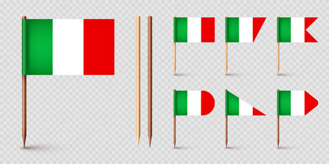 Fototapeta premium Realistic various Italian toothpick flags. Souvenir from Italy. Wooden toothpicks with paper flag. Location mark, map pointer. Blank mockup for advertising and promotions. Vector illustration