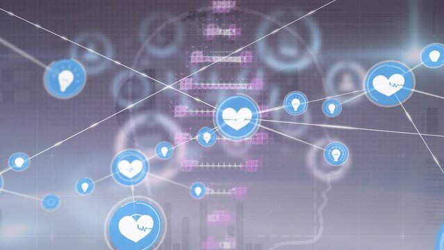 Animation of network of digital icons over spinning dna struture against statistical data processing