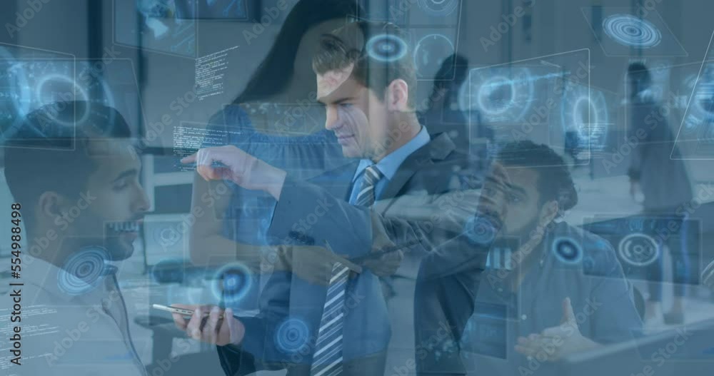 Poster animation of scopes and data processing over business people working in office